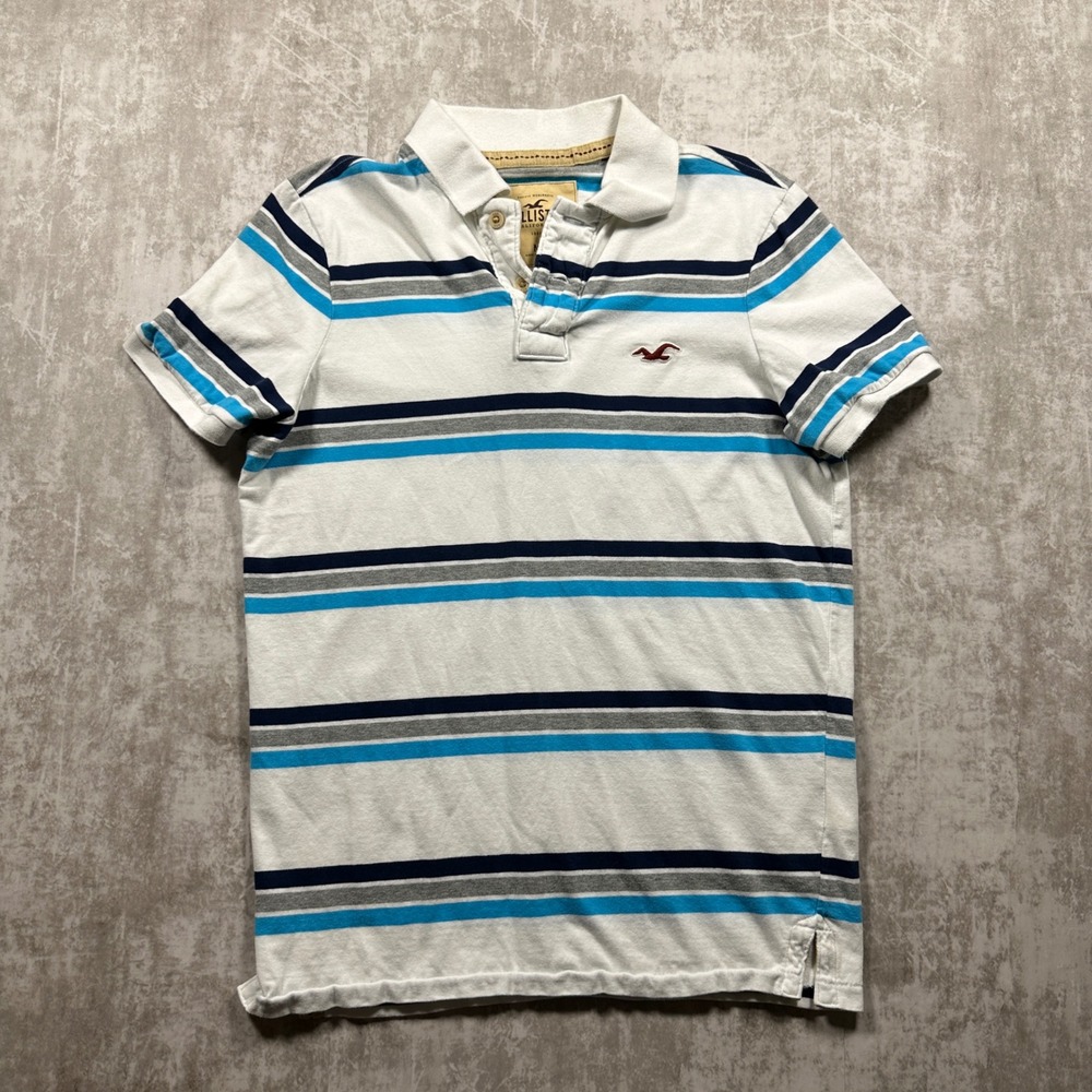 Hollister Polo Shirt Men Medium White Blue Striped Short Sleeve Logo Casual Y2K